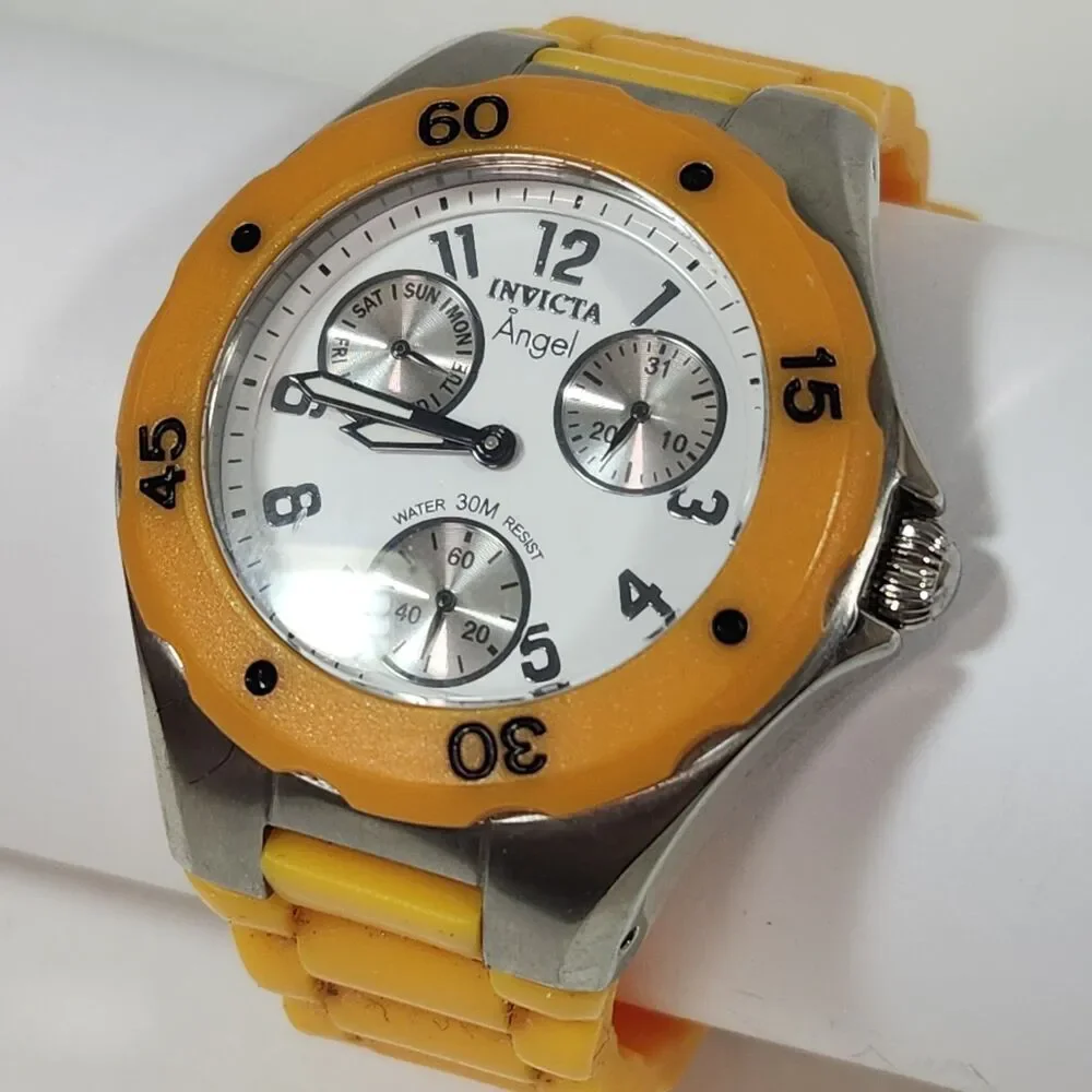 Invicta Angel Ladies Watch Yellow Multi-Function 38mm White Dial Silicone Band